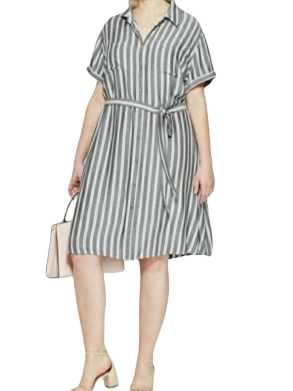 Ava & Viv Striped Button-Front Shirt Tie Waist Collar Dress